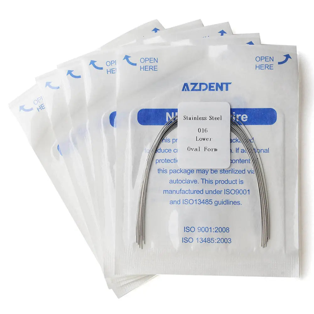 Archwire Stainless Steel Oval Form Round 0.016 Lower 10pcs/Pack: Multiple sealed packages of dental orthodontic archwires by AZDENT, displaying stainless steel wires with oval form and 0.016 size, suitable for lower teeth alignment and orthodontic treatments.