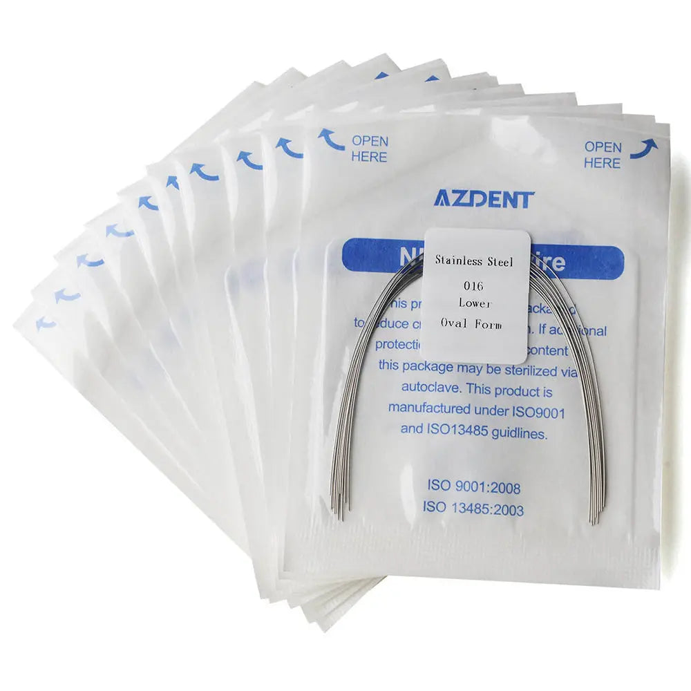 Archwire Stainless Steel Oval Form Round 0.016 Lower 10pcs/Pack displayed in individual sealed packages with AZDENT branding. Curved metal wire visible through transparent packaging. Multiple packages shown, emphasizing quantity and professional dental product presentation.