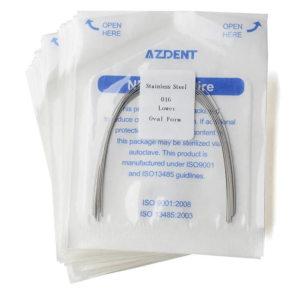 Archwire Stainless Steel Oval Form Round 0.016 Lower 10pcs/Pack displayed in sterile packaging. Two curved dental wires visible through clear plastic wrap with blue text. AZDENT brand name and product details printed on package.