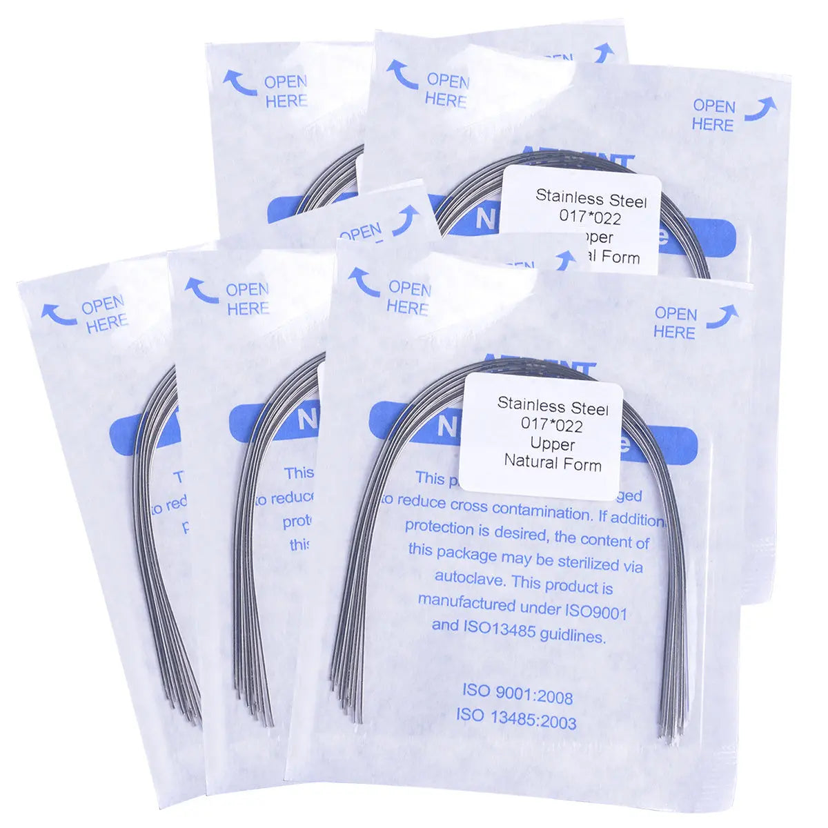 Archwire Stainless Steel Natural Form Rectangular 0.017 x 0.022 Upper 10pcs/Pack displayed in sealed transparent packets with blue text, showing curved metal wires inside. Product details and sterilization information visible on packaging.