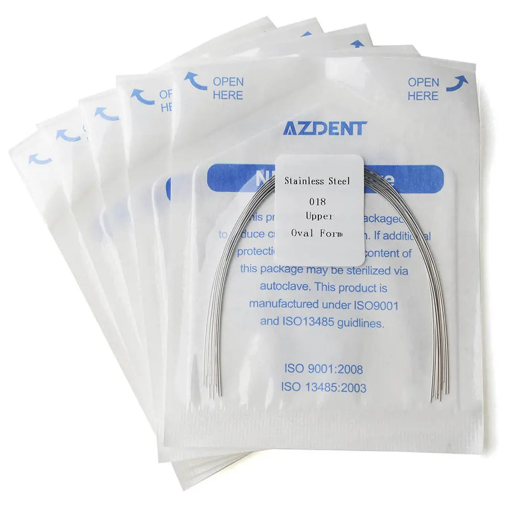 Archwire Stainless Steel Oval Form Round 0.018 Upper 10pcs/Pack displayed in sterile packaging. Five white sealed packets with blue text, showing curved metal wires inside. AZDENT brand visible on packages.