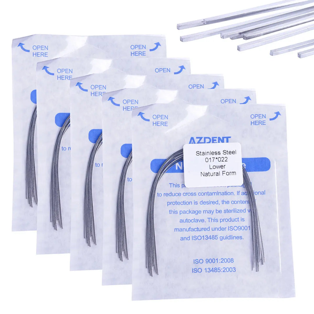 Archwire Stainless Steel Natural Form Rectangular 0.017 x 0.022 Lower 10pcs/Pack displayed in sealed packages with blue labeling, alongside straight wire samples. Product packaging shows "AZDENT" brand and product details, emphasizing sterility and dental use.