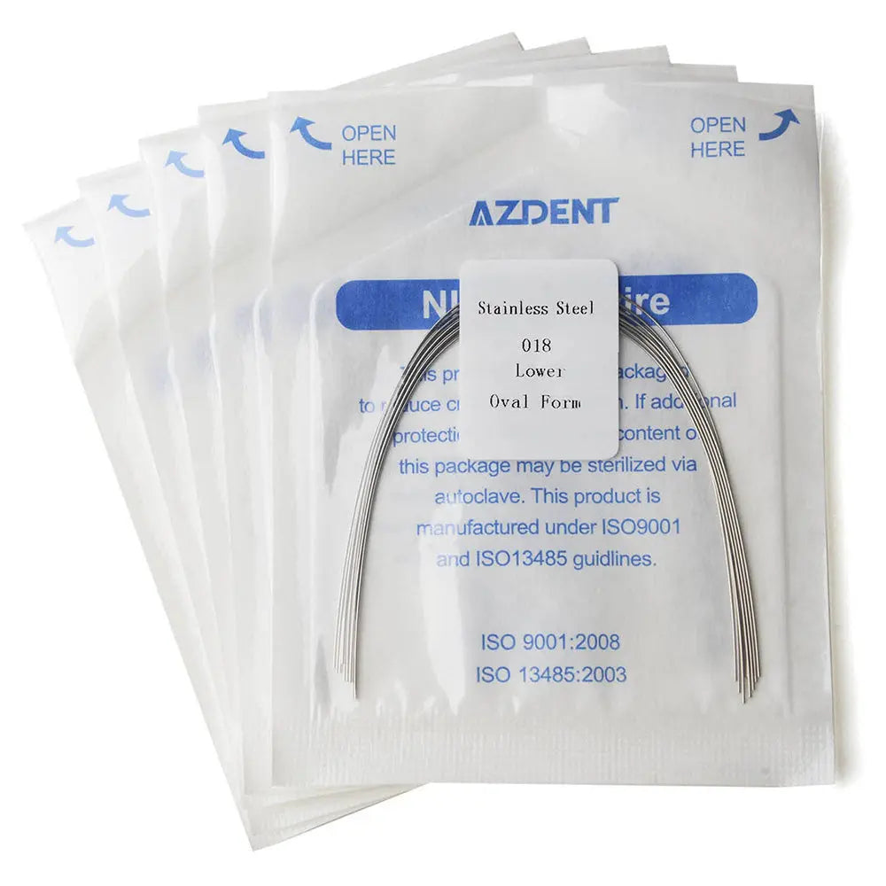 Archwire Stainless Steel Oval Form Round 0.018 Lower 10pcs/Pack displayed in sterilized packaging with AZDENT branding, showcasing curved dental wire for orthodontic use alongside product information and ISO certification details