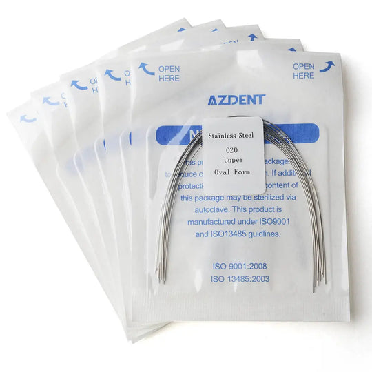 Archwire Stainless Steel Oval Form Round 0.020 Upper 10pcs/Pack displayed in sealed packaging. Multiple transparent pouches with blue labeling showing product details and sterilization information. Curved metal wire visible inside each package.