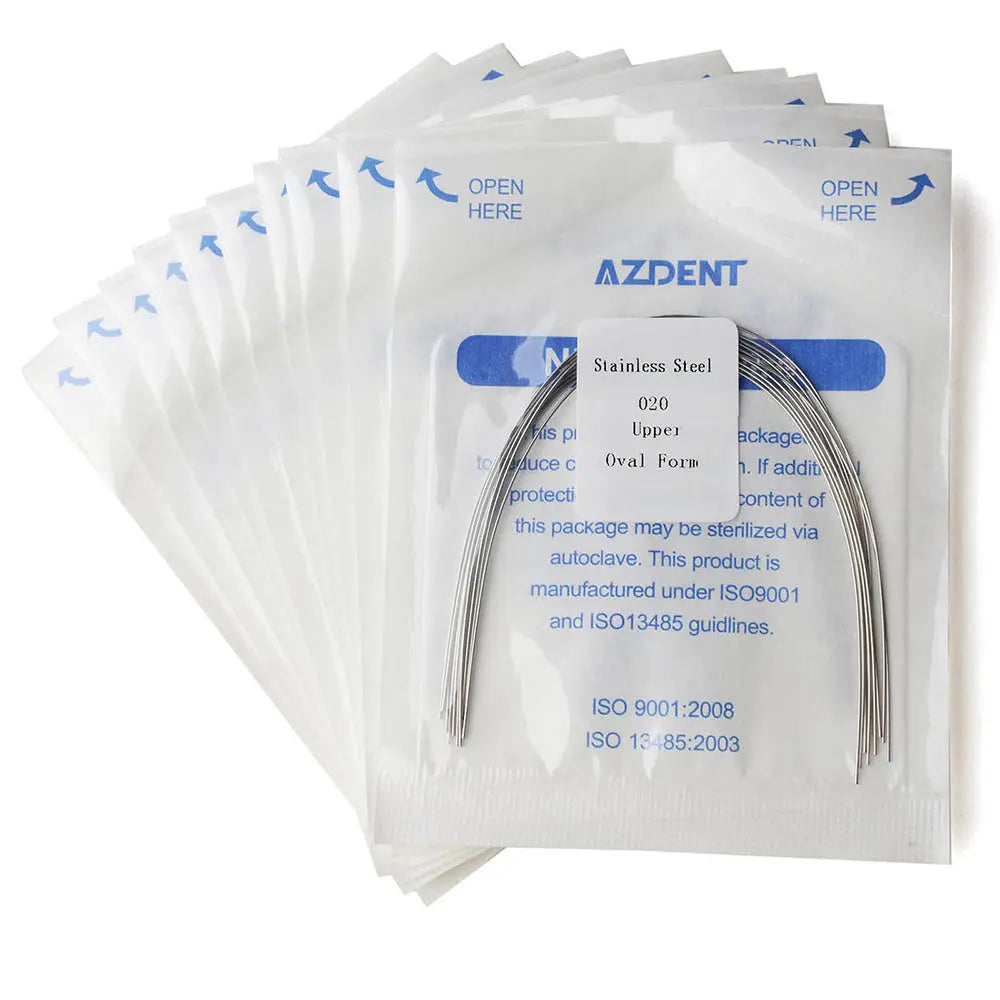 Archwire Stainless Steel Oval Form Round 0.020 Upper 10pcs/Pack displayed in sealed, labeled packages with visible dental wire. AZDENT brand packaging shows product details and ISO certifications. Multiple packages stacked to showcase quantity and professional dental orthodontic product presentation.