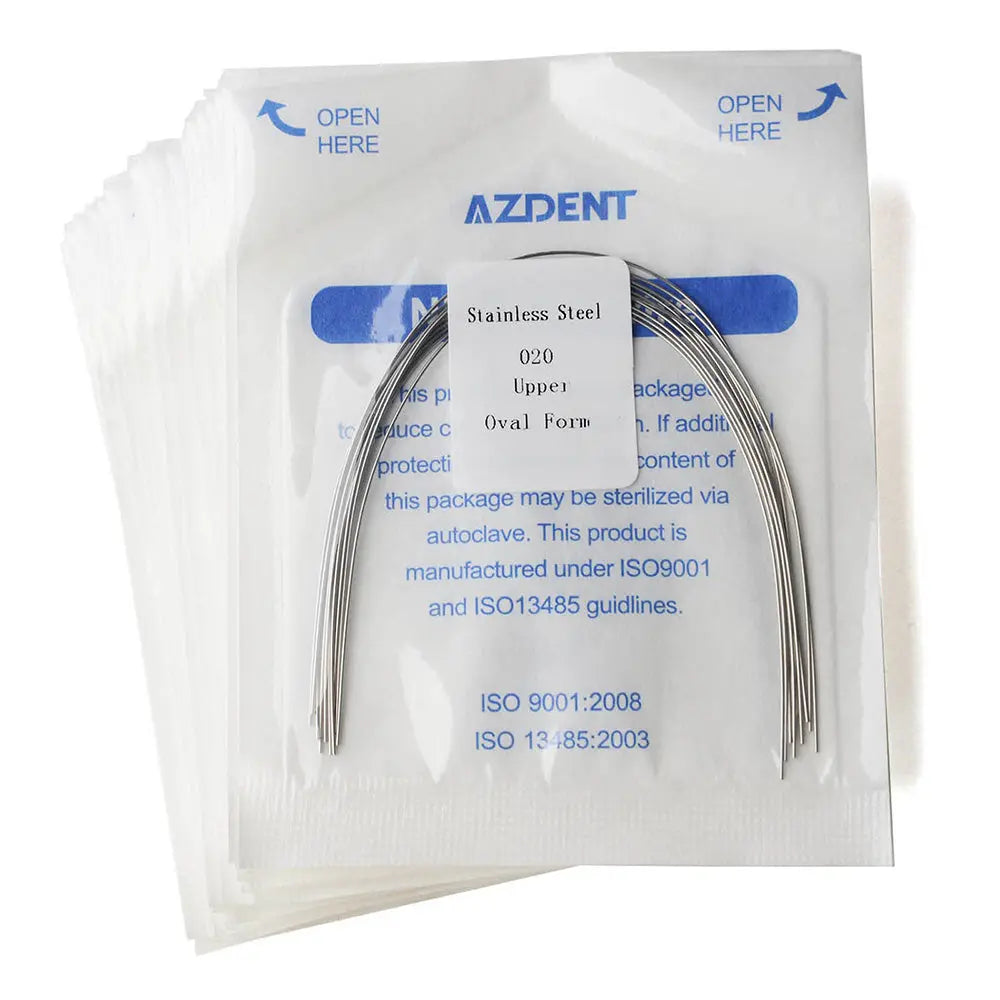 Archwire Stainless Steel Oval Form Round 0.020 Upper 10pcs/Pack in sealed packaging. AZDENT brand dental orthodontic wire visible through transparent package with blue labeling. Product details and sterilization information printed on package.