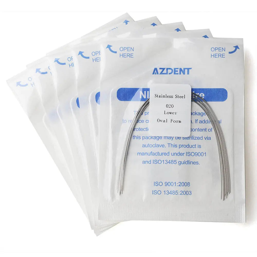 Archwire Stainless Steel Oval Form Round 0.020 Lower 10pcs/Pack - Dental orthodontic archwires in sealed packets, displaying AZDENT brand, stainless steel material, 0.020 size, and oval form for lower teeth. Multiple sterile packages shown with product details and ISO certification.