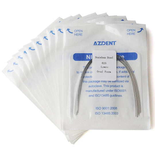 Archwire Stainless Steel Oval Form Round 0.020 Lower 10pcs/Pack: Multiple sealed packages of dental orthodontic archwires by AZDENT, with visible product details on packaging. Curved stainless steel wires visible through transparent packaging.