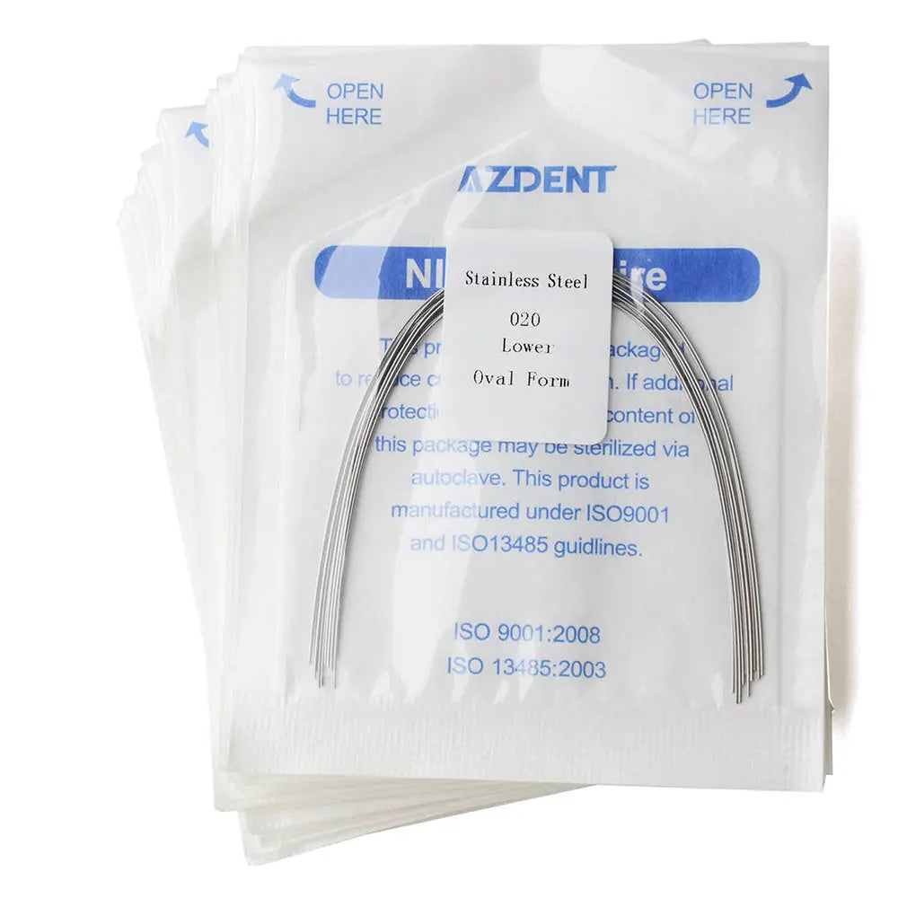 Archwire Stainless Steel Oval Form Round 0.020 Lower 10pcs/Pack in sealed packaging. Curved metal wires visible through clear wrapper with blue text. Product label shows size and material details. Dental orthodontic supplies for lower teeth alignment.