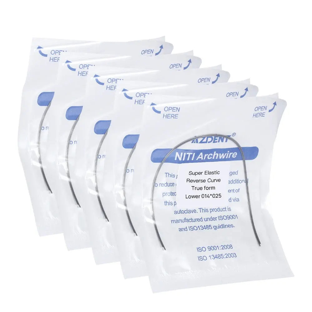 Five sealed packages of Arch Wire NiTi Reverse Curve True Form Rectangular 0.014 x 0.025 Lower 2pcs/Pack, displaying product information and labeling for dental orthodontic use.