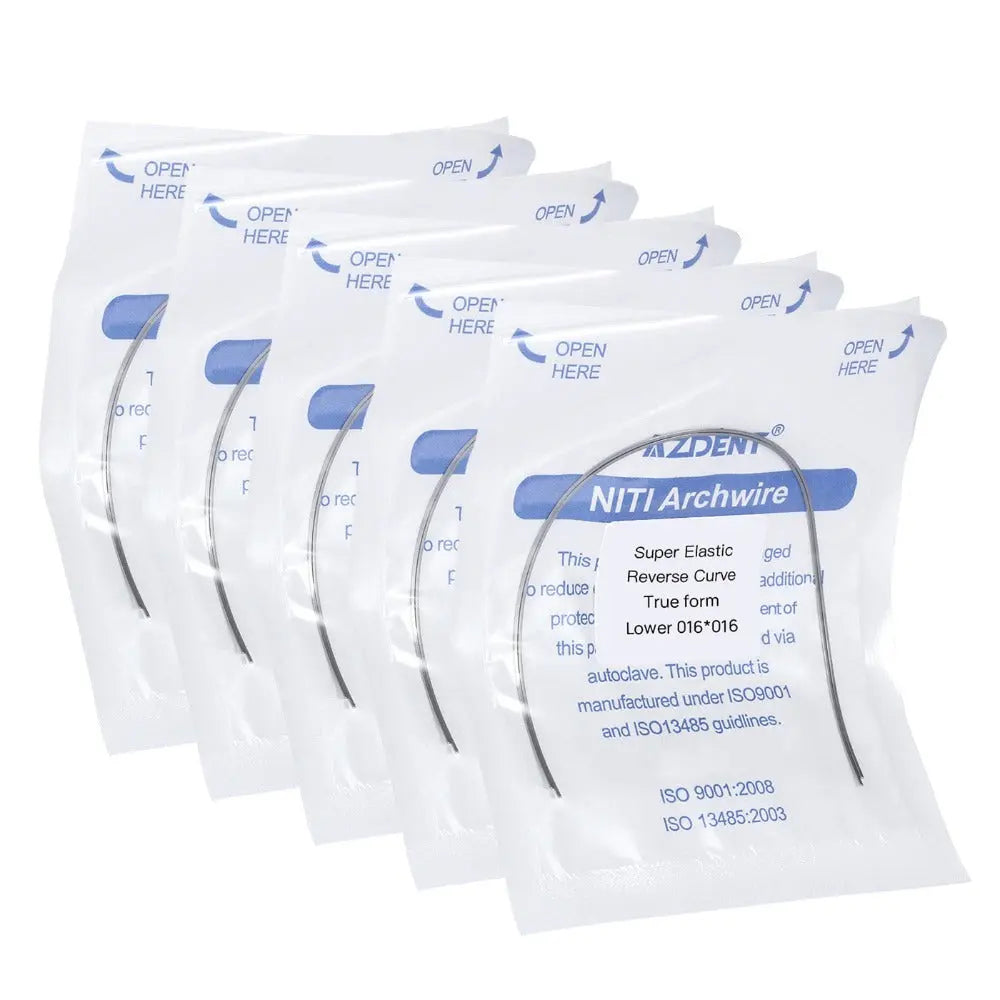 Arch Wire NiTi Reverse Curve True Form Rectangular 0.016 x 0.016 Lower 2pcs/Pack displayed in multiple sealed, white packages with blue labeling. Product details visible on packaging, showcasing dental archwire specifications and quality.