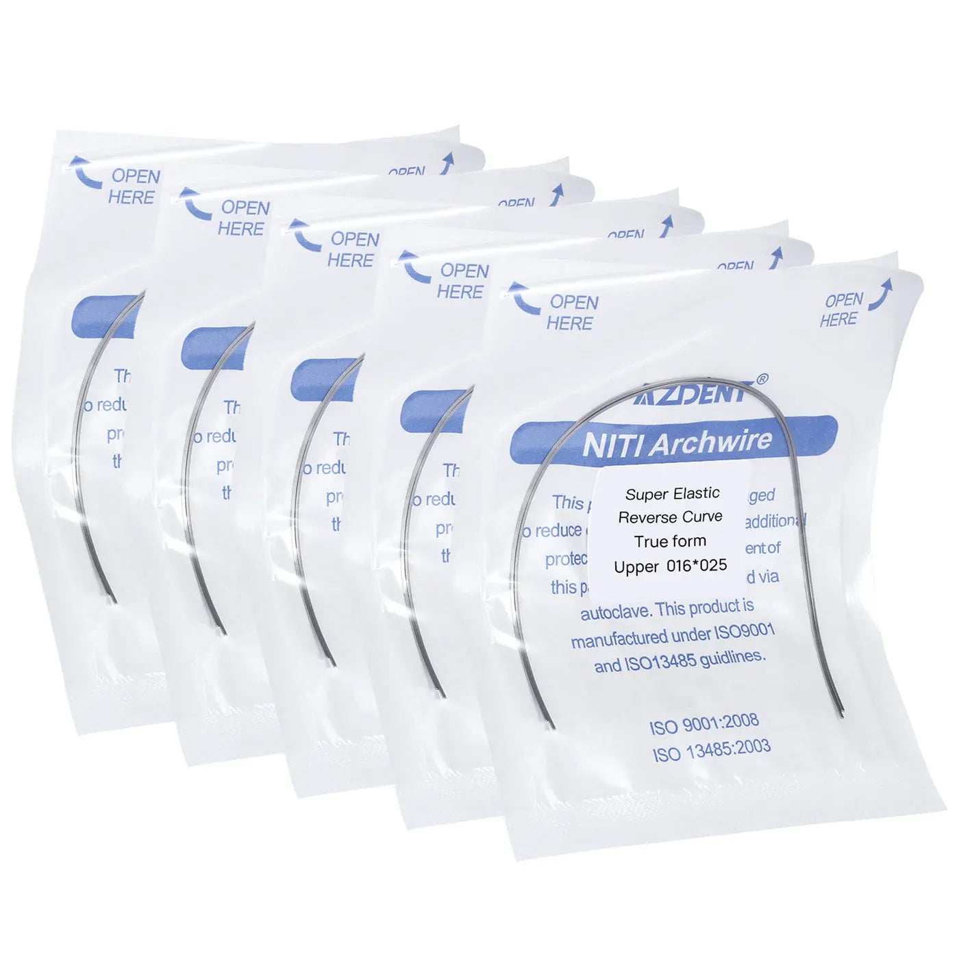 Archwire NiTi Reverse Curve True Form Rectangular 0.016 x 0.025 Upper 2pcs/Pack displayed in multiple sealed white packages with blue text. Each package shows product details and specifications for dental orthodontic use.