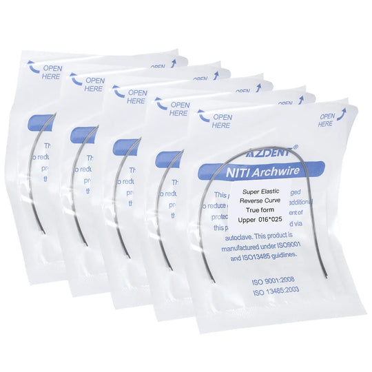 Archwire NiTi Reverse Curve True Form Rectangular 0.016 x 0.025 Upper 2pcs/Pack displayed in multiple sealed white packages with blue text. Each package shows product details and specifications for dental orthodontic use.