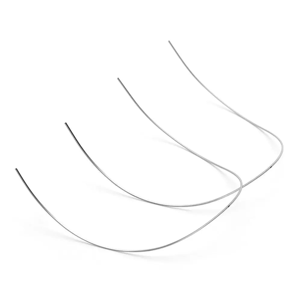 Archwire NiTi Reverse Curve True Form Rectangular 0.016 x 0.025 Upper 2pcs/Pack - Curved dental archwires in silver color, showing the reverse curve shape for upper teeth alignment. Four wires displayed to illustrate the product's form and flexibility.