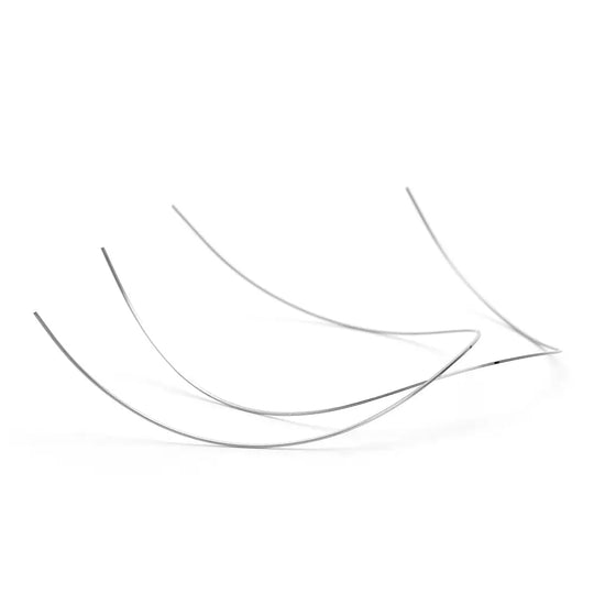 Archwire NiTi Reverse Curve True Form Rectangular 0.016 x 0.025 Upper 2pcs/Pack: Three curved dental archwires in silver color, showcasing the reverse curve design for upper teeth alignment, illustrating the product's shape and flexibility for orthodontic treatment.