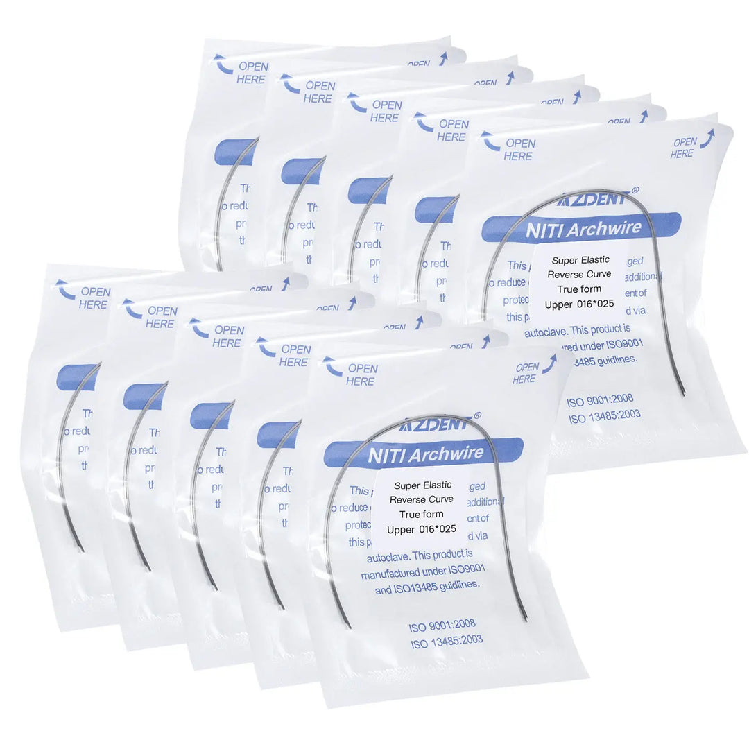 Multiple packages of Archwire NiTi Reverse Curve True Form Rectangular 0.016 x 0.025 Upper 2pcs/Pack, showing white sealed pouches with blue product labels and visible archwires inside, arranged in rows on a white background.