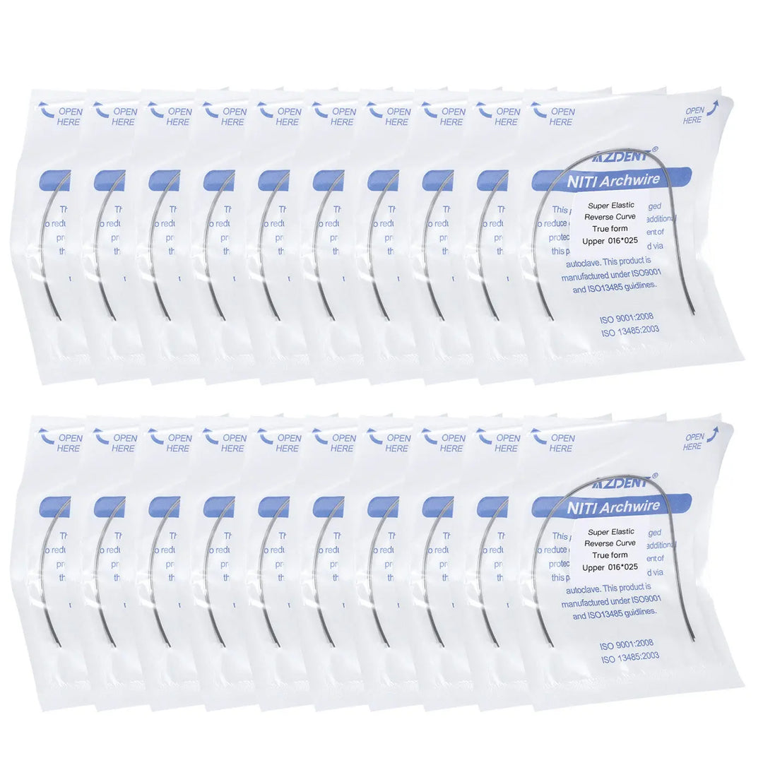 Archwire NiTi Reverse Curve True Form Rectangular 0.016 x 0.025 Upper 2pcs/Pack displayed in multiple sealed packages. White pouches with blue labeling showing product details and specifications for dental orthodontic use.