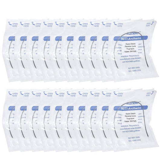 Archwire NiTi Reverse Curve True Form Rectangular 0.016 x 0.025 Upper 2pcs/Pack displayed in multiple sealed packages. White pouches with blue labeling showing product details and specifications for dental orthodontic use.