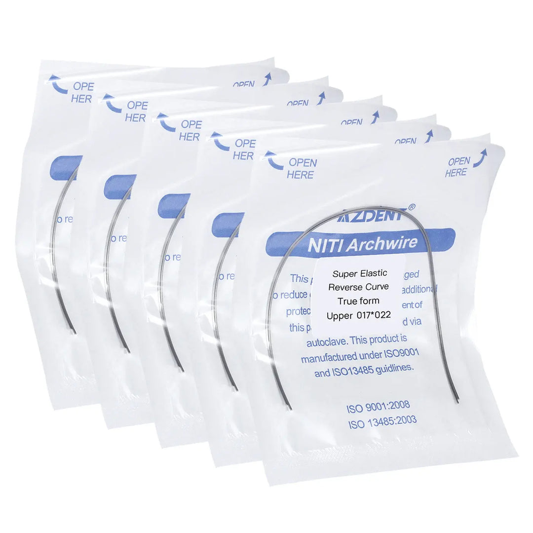 Archwire NiTi Reverse Curve True Form Rectangular 0.017 x 0.022 Upper 2pcs/Pack displayed in white sterile packaging with blue labeling. Multiple sealed packets shown, featuring dental archwires for orthodontic treatment, emphasizing product quality and specifications.