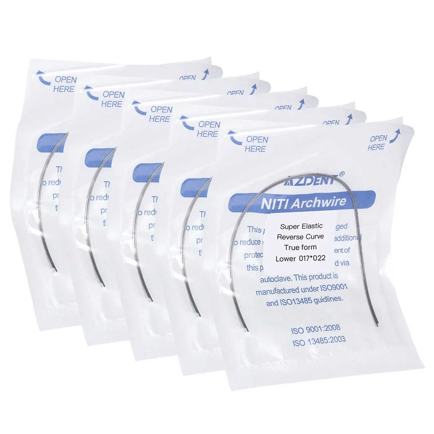 Archwire NiTi Reverse Curve True Form Rectangular 0.017 x 0.022 Lower 2pcs/Pack displayed in multiple sealed white packaging pouches with blue labeling, showing product details and orthodontic wire specifications for dental use