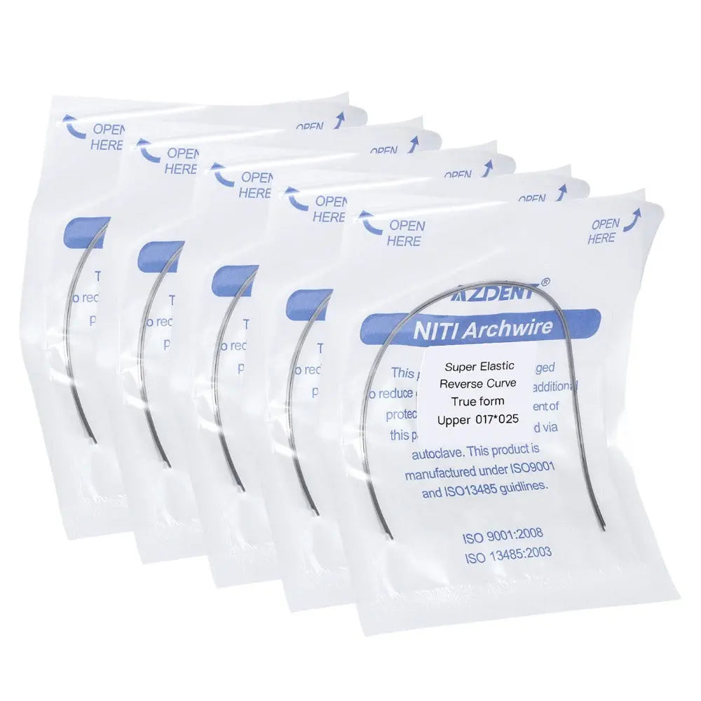 Archwire NiTi Reverse Curve True Form Rectangular 0.017 x 0.025 Upper 2pcs/Pack - Multiple sealed white packets containing dental archwires, labeled with blue text indicating NiTi Archwire and product specifications for orthodontic use