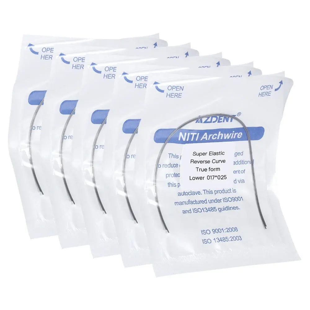 Archwire NiTi Reverse Curve True Form Rectangular 0.017 x 0.025 Lower 2pcs/Pack: Five sealed white packages containing dental archwires. Each package displays product information and specifications for NiTi Archwire with reverse curve design, suitable for lower teeth orthodontic treatment.