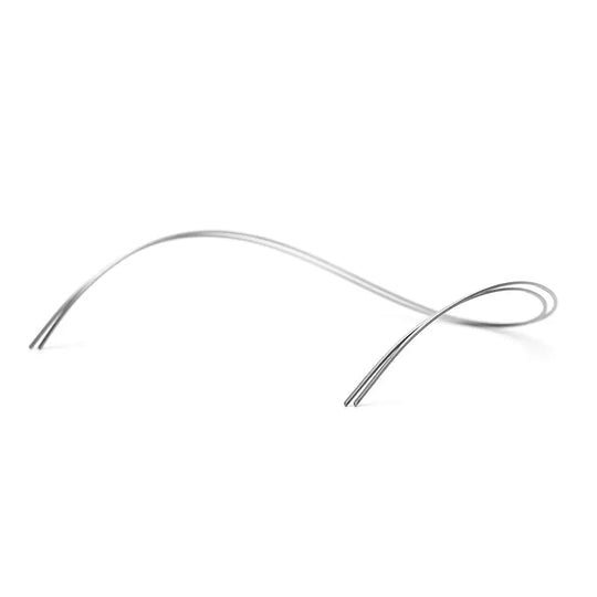 Archwire NiTi Reverse Curve True Form Rectangular 0.017 x 0.025 Lower 2pcs/Pack shown as a curved silver wire with tapered ends for dental orthodontic treatment, displaying its flexible and durable nature for effective tooth alignment