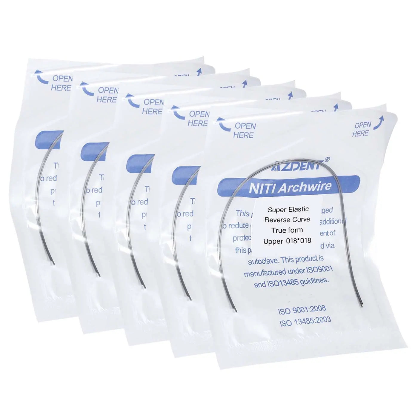 Multiple packages of Archwire NiTi Reverse Curve True Form Rectangular 0.018 x 0.018 Upper 2pcs/Pack, showing white sealed pouches with blue text labeling for dental orthodontic treatment. Each pack contains two pieces of super elastic NITI alloy archwires for upper teeth alignment.