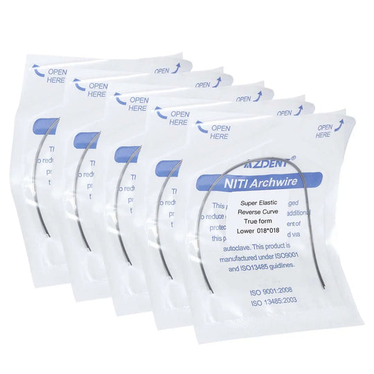 Archwire NiTi Reverse Curve True Form Rectangular 0.018 x 0.018 Lower 2pcs/Pack in sealed white packaging with blue text. Multiple packages shown, displaying product details and specifications for dental orthodontic use.