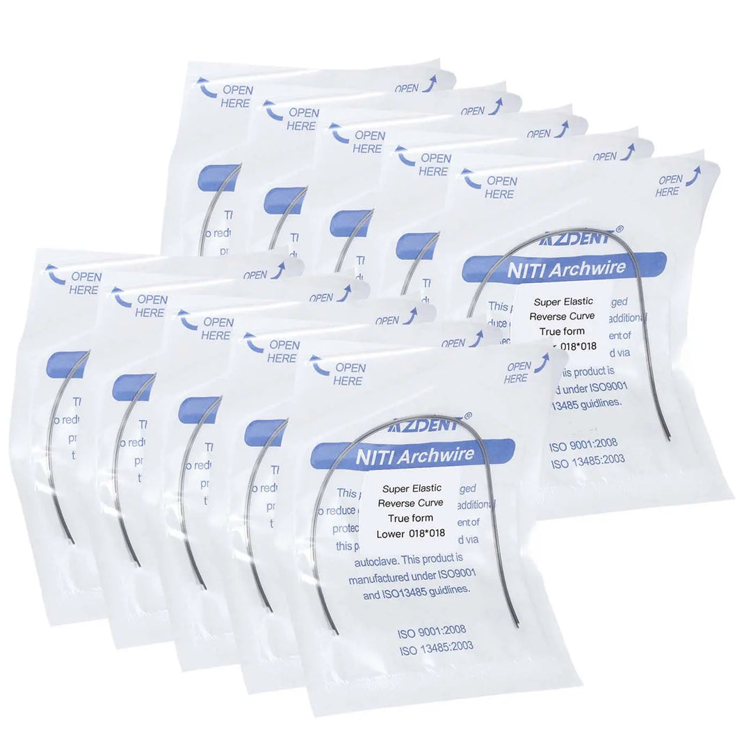 Multiple packages of Archwire NiTi Reverse Curve True Form Rectangular 0.018 x 0.018 Lower 2pcs/Pack, showing product details and packaging. White pouches with blue labeling, displaying orthodontic archwire specifications and brand information.