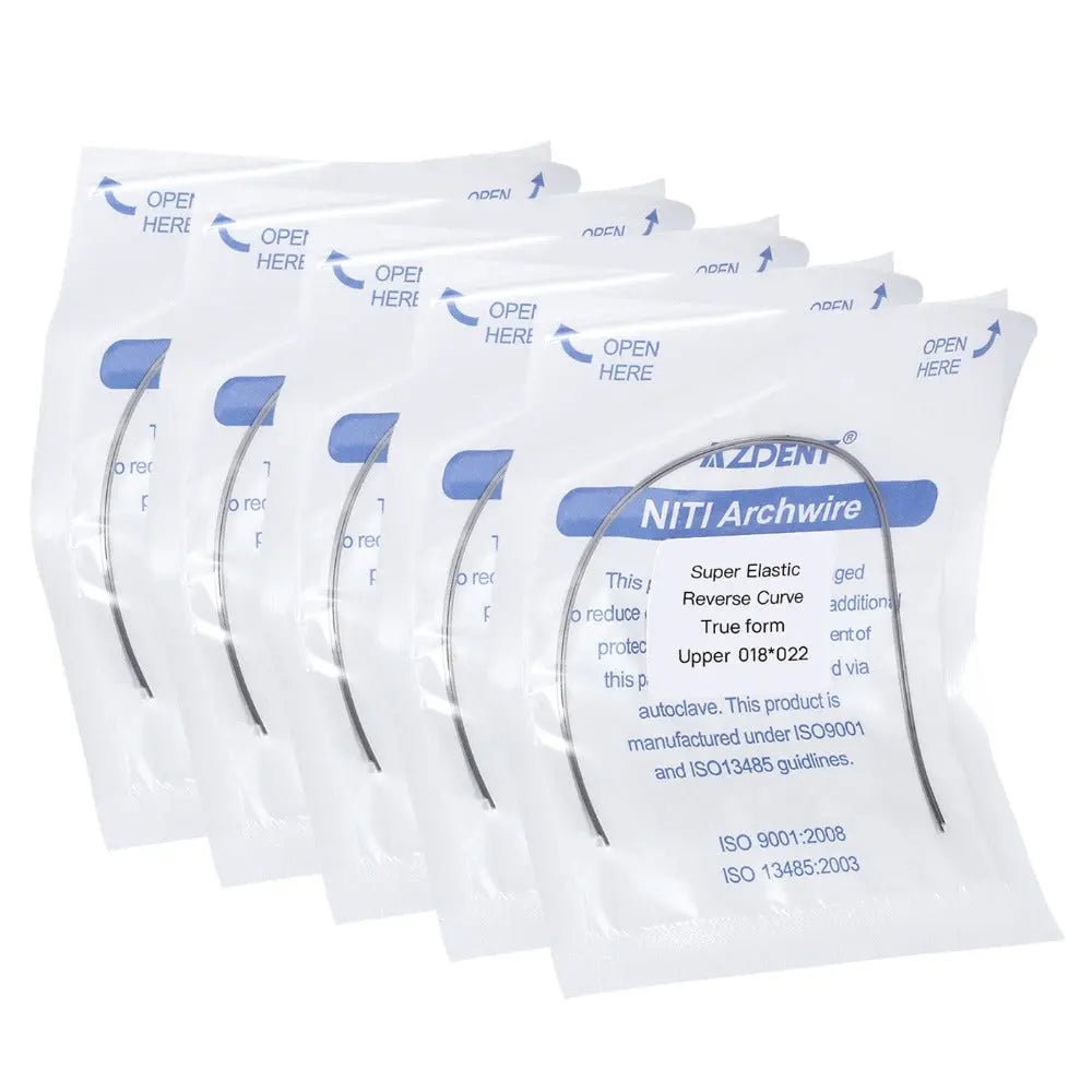 Archwire NiTi Reverse Curve True Form Rectangular 0.018 x 0.022 Upper 2pcs/Pack - Multiple sealed packages of super elastic NiTi archwires for orthodontic treatment, featuring reverse curve design and true form shape for upper teeth alignment