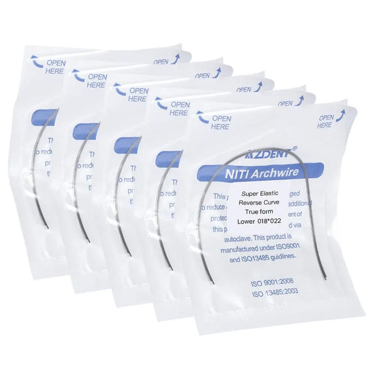 Archwire NiTi Reverse Curve True Form Rectangular 0.018 x 0.022 Lower 2pcs/Pack: Multiple sealed packages containing curved dental archwires. White packaging with blue text and transparent windows showing the curved metal wires inside.