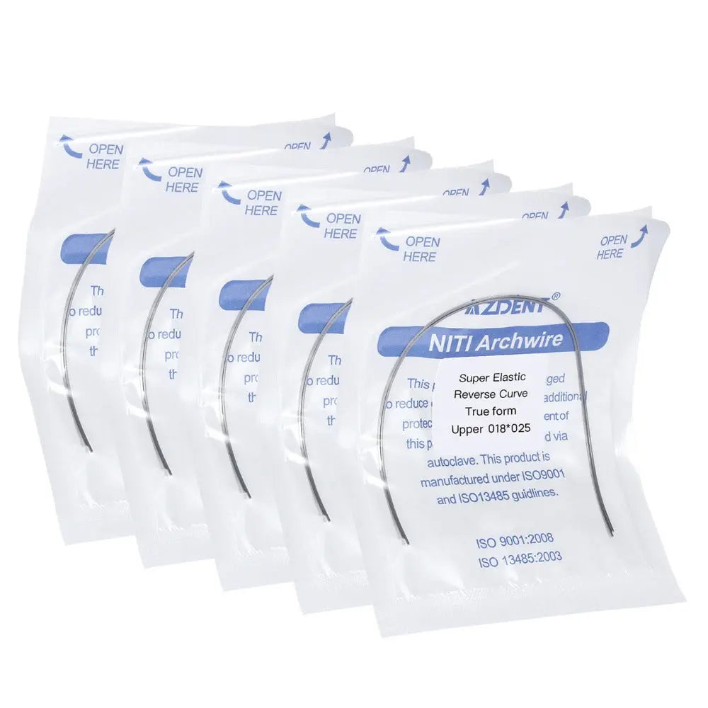 Multiple sealed packages of Archwire NiTi Reverse Curve True Form Rectangular 0.018 x 0.025 Upper 2pcs/Pack, displaying product information and specifications for dental orthodontic treatment.