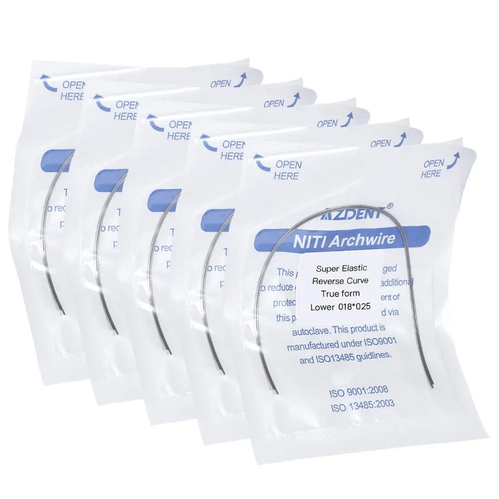 Archwire NiTi Reverse Curve True Form Rectangular 0.018 x 0.025 Lower 2pcs/Pack - Multiple sealed packages of AZDENT NiTi archwires for orthodontic use, featuring super elastic reverse curve design for lower teeth, displayed in white and blue packaging