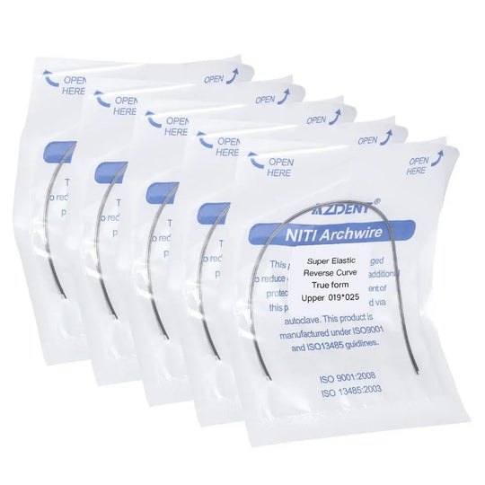 Archwire NiTi Reverse Curve True Form Rectangular 0.019 x 0.025 Upper 2pcs/Pack displayed in multiple white sealed packages with blue product labeling, showcasing dental orthodontic wires for professional use in dental treatments