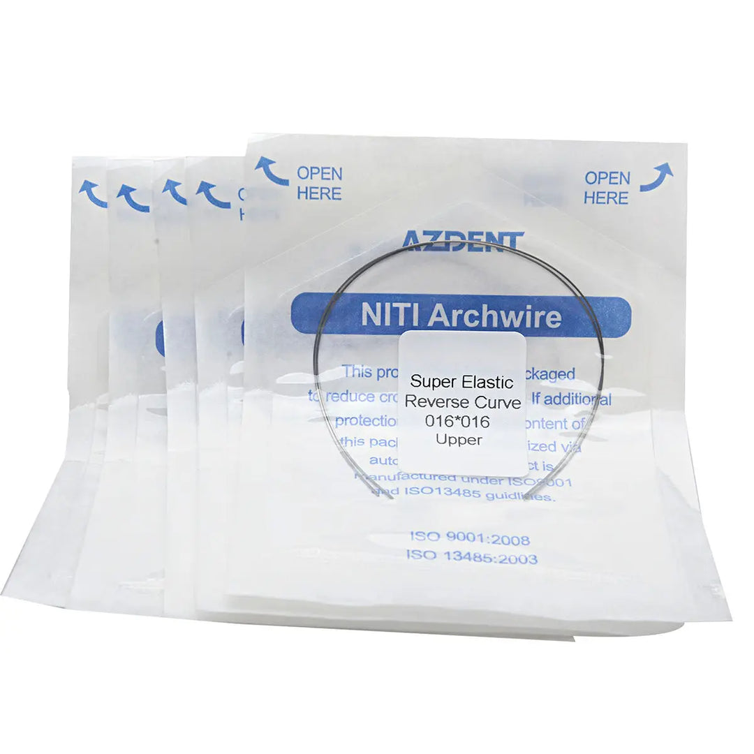 Archwire Niti Reverse Curve Rectangular 0.016 x 0.016 Upper 2pcs/Pack - Packaging of AZDENT NITI Archwire, showing white plastic pouches with blue text. Central pouch displays product details including "Super Elastic" and "Reverse Curve" specifications.