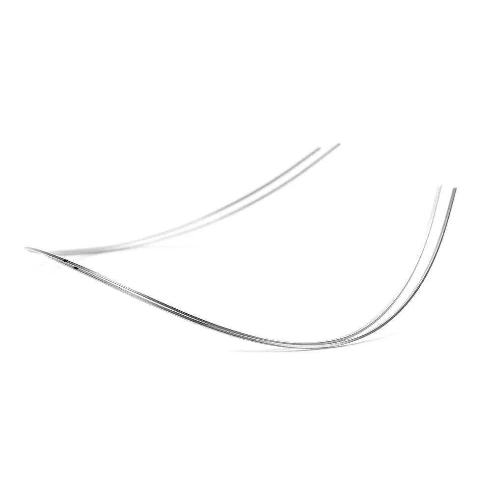 Archwire Niti Reverse Curve Rectangular 0.016 x 0.016 Upper 2pcs/Pack, curved metal wire for orthodontic treatment, showcasing its reverse curve shape and smooth, shiny surface for enhanced dental alignment and comfort