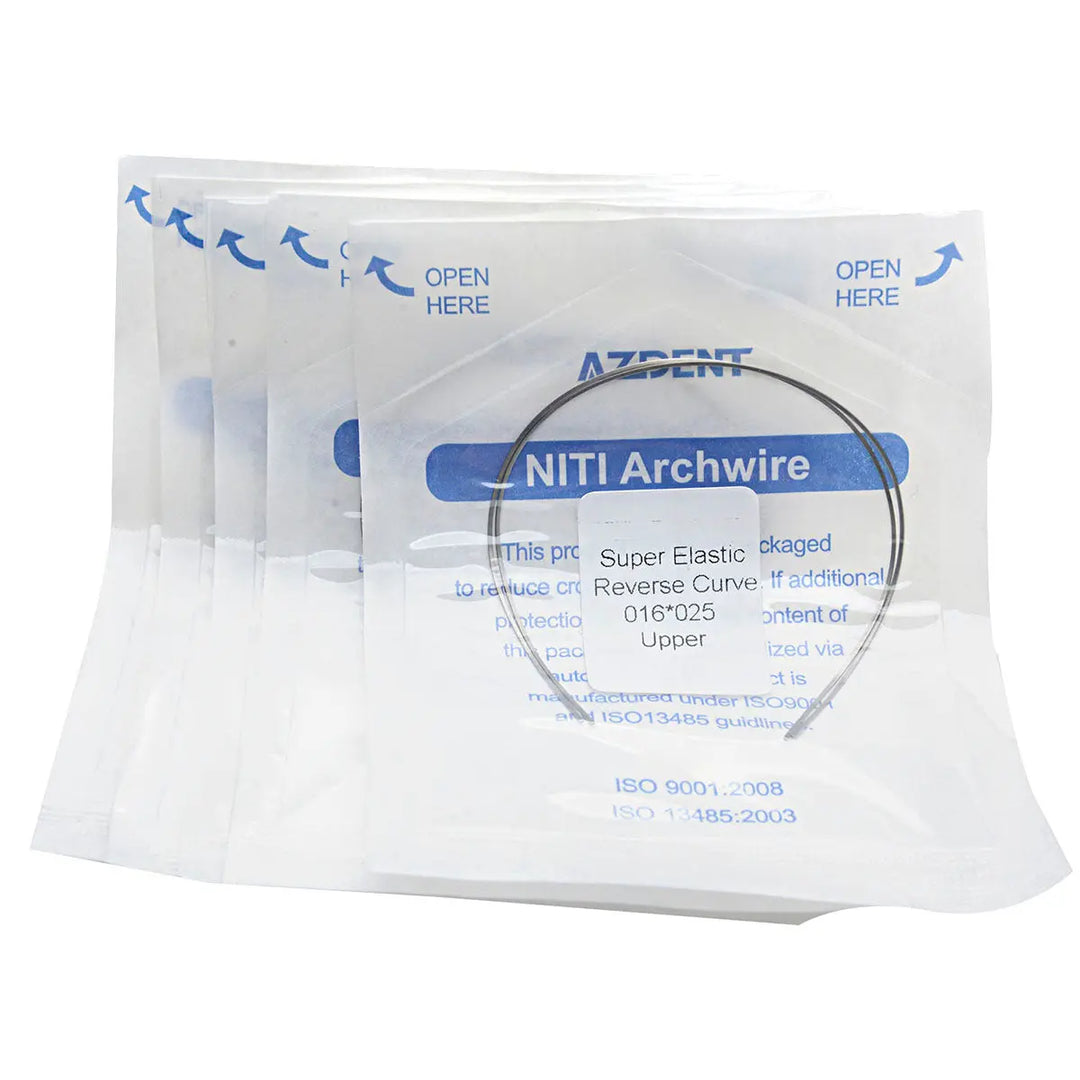 Archwire Niti Reverse Curve Rectangular 0.016 x 0.025 Upper 2pcs/Pack displayed in sealed packaging with blue text. Multiple packets shown, featuring clear plastic with 'OPEN HERE' instructions and product details visible through transparent material.