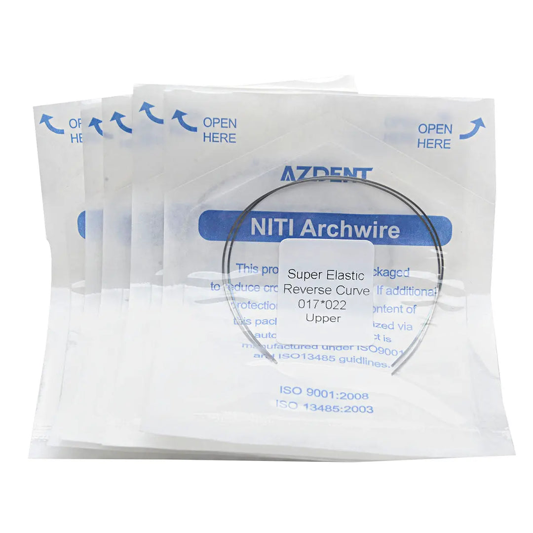 Archwire Niti Reverse Curve Rectangular 0.017 x 0.022 Upper 2pcs/Pack - Multiple sealed packages of AZDENT NITI Archwire, labeled with product details including size and type. Packages are white with blue text, showing "OPEN HERE" instructions.