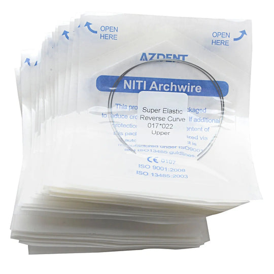 Archwire Niti Reverse Curve Rectangular 0.017 x 0.022 Upper 2pcs/Pack displayed in sealed packaging. AZDENT NiTi Archwire product visible through transparent window. Stack of multiple packages shown, with "OPEN HERE" instructions printed on top.