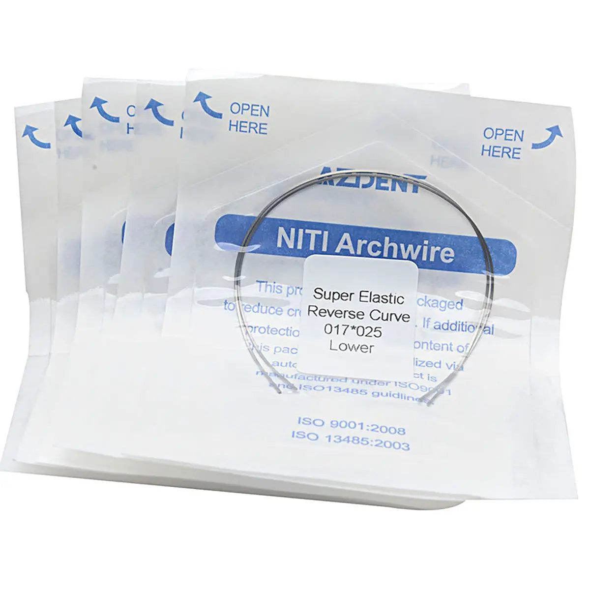 Archwire Niti Reverse Curve Rectangular 0.017 x 0.025 Lower 2pcs/Pack displayed in sealed packaging. Multiple white packets with blue text visible, featuring product details and 'OPEN HERE' instructions. Central focus on a single packet with magnified view of label showing 'NITI Archwire' and specifications.