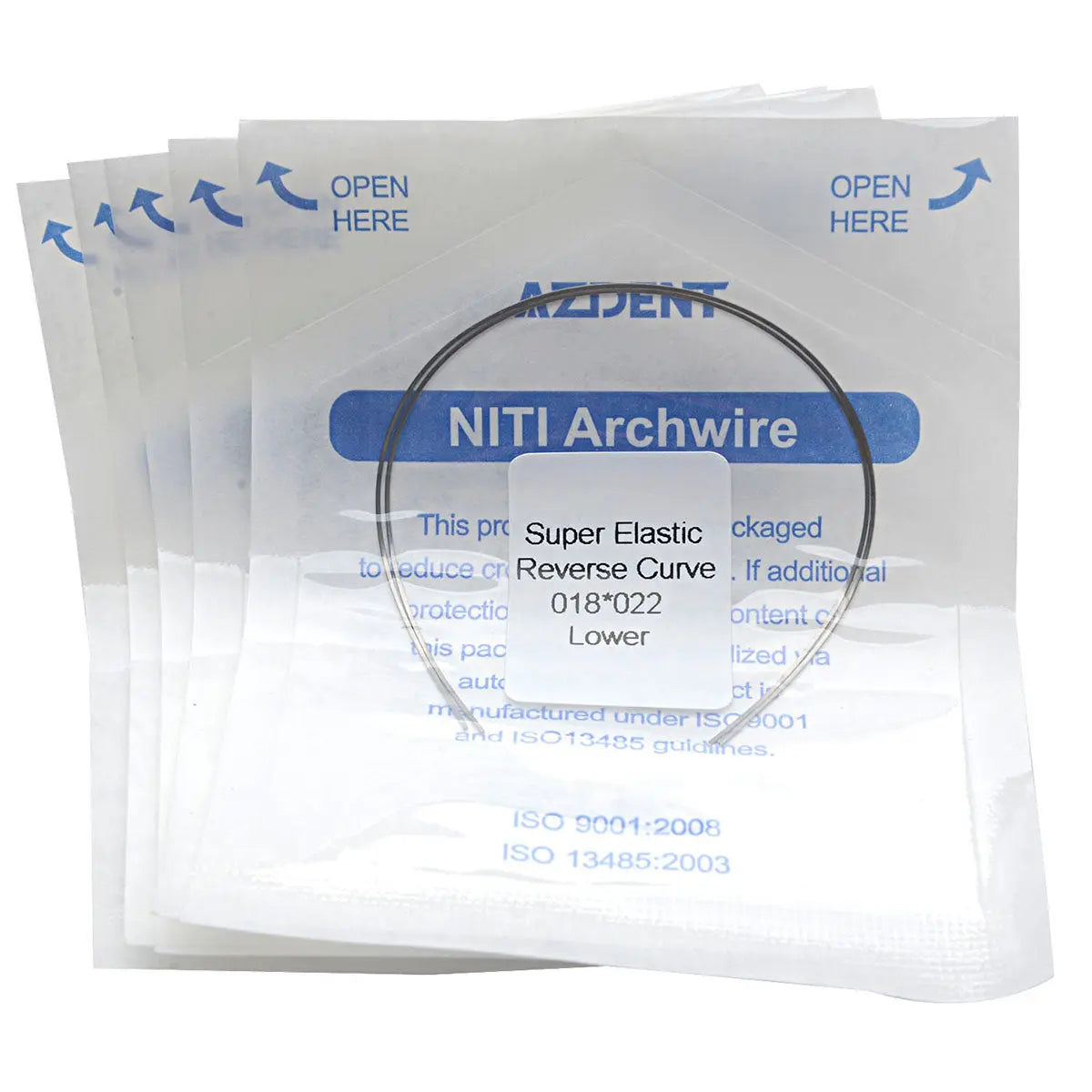 Archwire Niti Reverse Curve Rectangular 0.018 x 0.022 Lower 2pcs/Pack packaging shown. Multiple white envelopes with blue text and arrows. Close-up of central envelope revealing product details: NITI Archwire, Super Elastic, Reverse Curve, 018*022 Lower. Transparent circular archwire visible inside package.