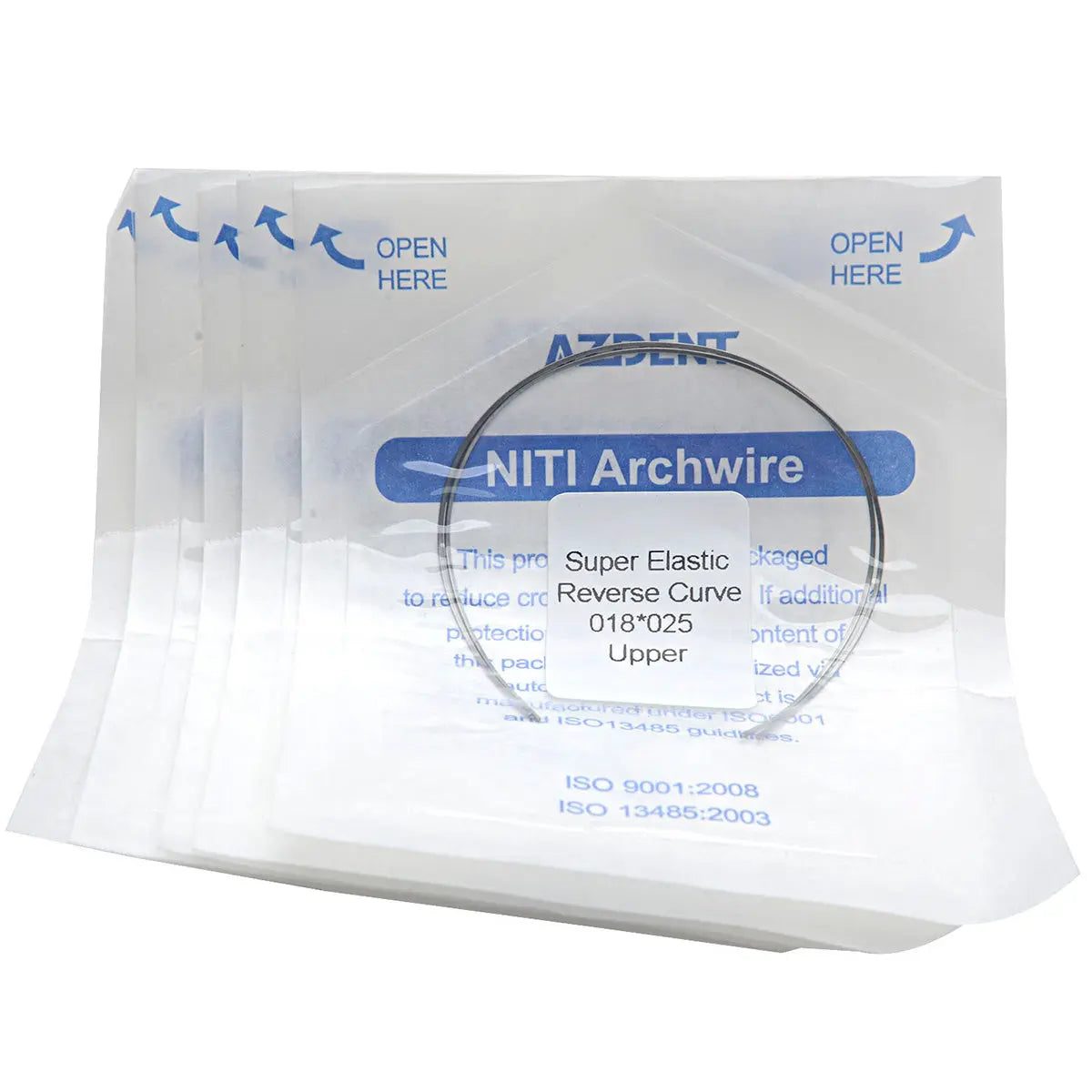 Archwire Niti Reverse Curve Rectangular 0.018 x 0.025 Upper 2pcs/Pack dental product packaging with blue text on white background, displaying product details and a curved wire sample inside a clear plastic pouch