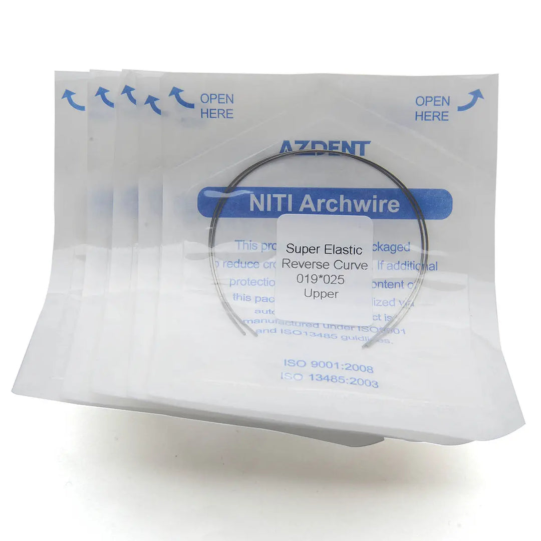 Archwire Niti Reverse Curve Rectangular 0.019 x 0.025 Upper 2pcs/Pack packaging displaying AZDENT NiTi Archwire product. White plastic pack with blue text, showing curved wire through transparent window. Instructions to open package visible.