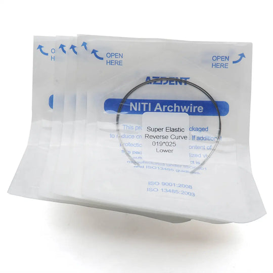 Archwire Niti Reverse Curve Rectangular 0.019 x 0.025 Lower 2pcs/Pack packaged in white envelope with blue text. AZDENT brand NITI Archwire visible through clear packaging window, showing product details and specifications.