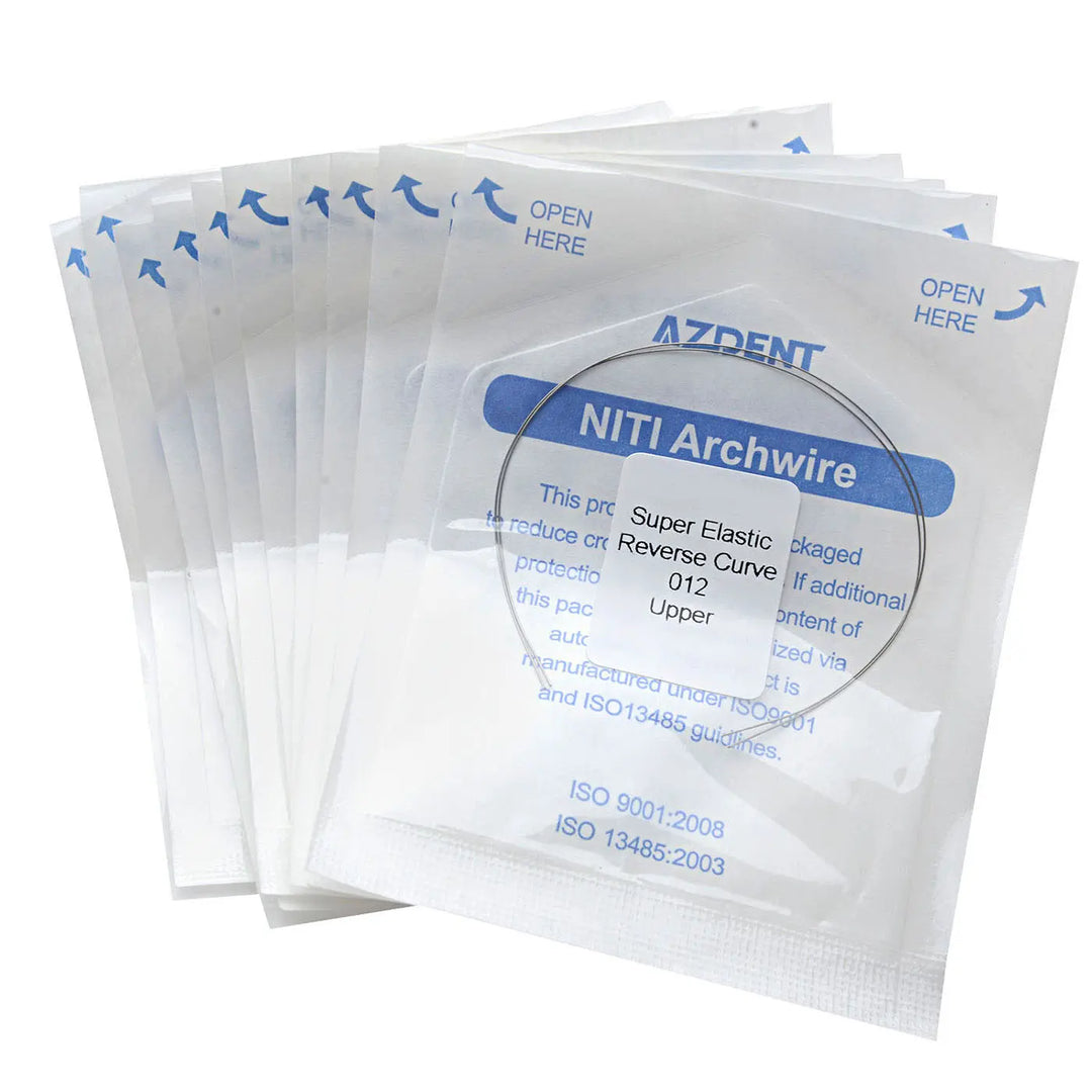 Archwire NiTi Reverse Curve Round 0.012 Upper 2pcs/Pack in sealed AZDENT packaging. Multiple transparent pouches with blue labeling visible, displaying product details and opening instructions. Dental orthodontic supplies for professional use.