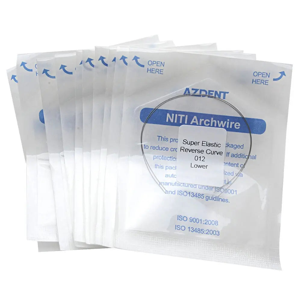 Multiple sealed packages of Archwire NiTi Reverse Curve Round 0.012 Lower 2pcs/Pack, displaying product information and AZDENT branding. White packaging with blue text, showcasing dental archwires for orthodontic use.