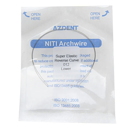 Archwire NiTi Reverse Curve Round 0.012 Lower 2pcs/Pack - AZDENT NiTi archwire package displaying product details, including super elastic reverse curve properties, size 012, and lower arch application, with ISO certification information visible on packaging.