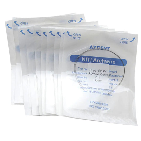 Multiple sealed packages of Archwire NiTi Reverse Curve Round 0.014 Upper 2pcs/Pack, showing product packaging with blue text on white background. Packages are stacked, displaying AZDENT brand and product details.