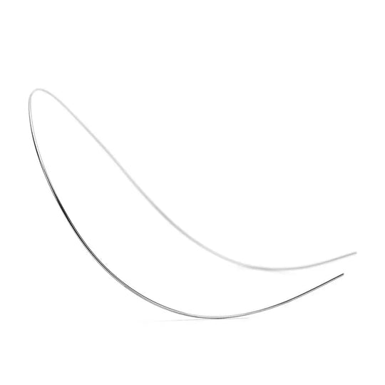 Archwire NiTi Reverse Curve Round 0.014 Upper 2pcs/Pack - Close-up of two thin, curved metal wires forming a U-shape against a white background, showcasing the reverse curve design for orthodontic use in upper teeth alignment.